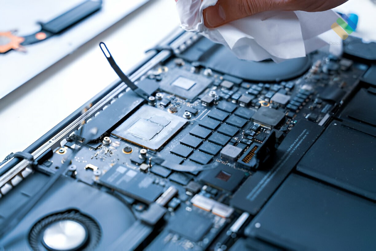 Kỹ thuật viên Dolozi Store đang thực hiện vệ sinh Macbook một cách tỉ mỉ và chuyên nghiệp tại Cửa hàng vệ sinh Macbook Quận 2