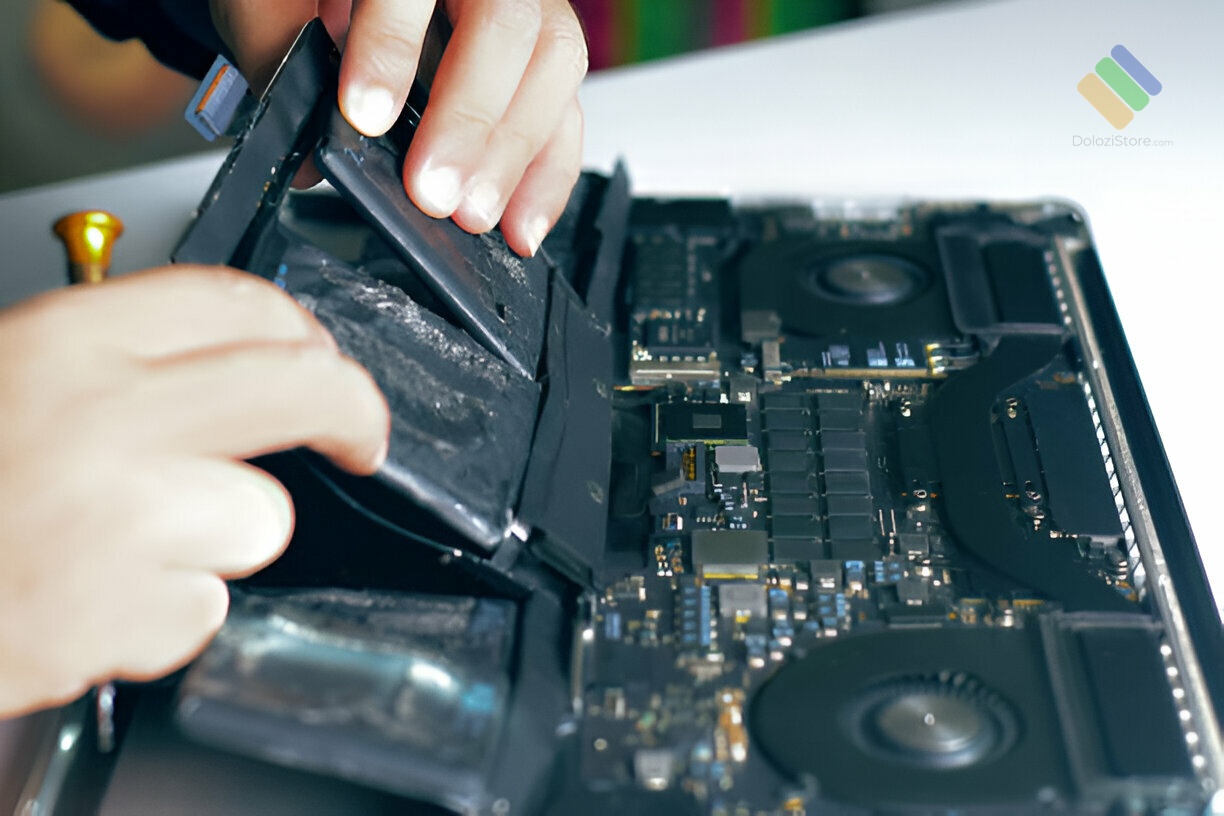 Kỹ thuật viên đang sửa chữa Macbook tại Cửa hàng sửa macbook Bình Thạnh Dolozi Store