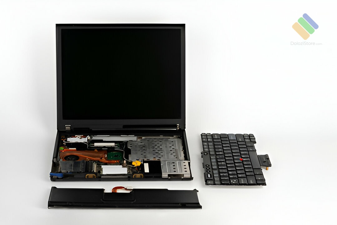 Hình ảnh cửa hàng Dolozi Store khang trang, hiện đại, kỹ thuật viên đang sửa chữa laptop