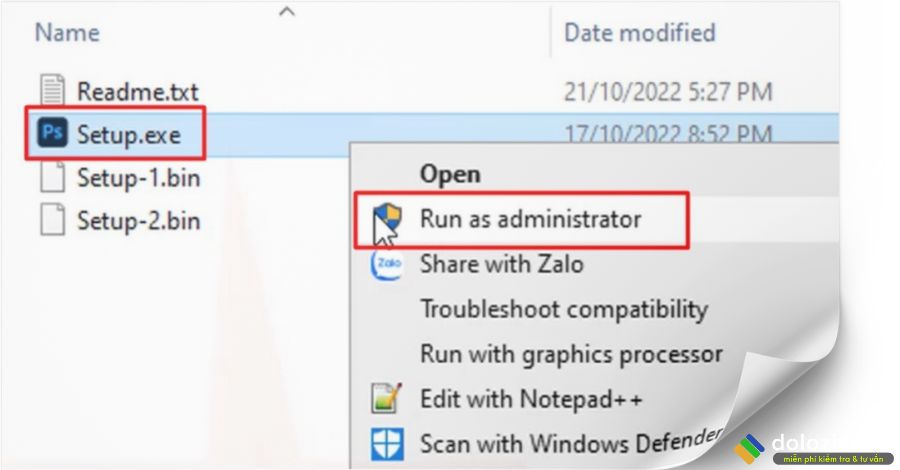 Chạy file setup Adobe Photoshop 2023 dưới quyền admin