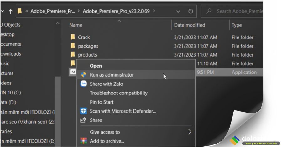 Chạy file setup Adobe Premiere 2023 dưới quyền admin