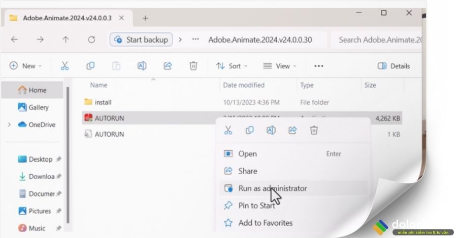 Chạy file setup Animate 2024 dưới quyền admin