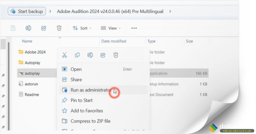 Chạy file setup Audition 2024 dưới quyền admin