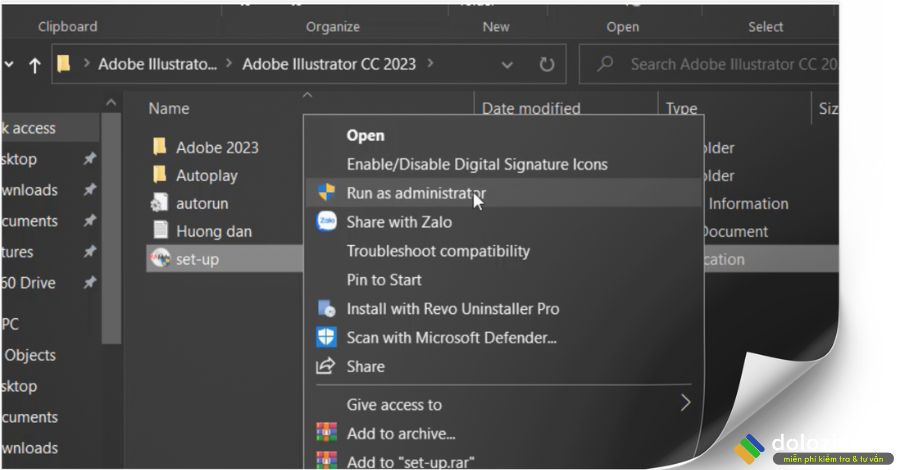 Chạy file setup Illustrator 2023 dưới quyền admin