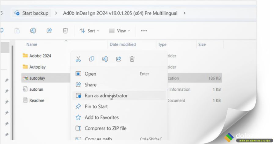 Chạy file setup InDesign 2024 dưới quyền admin