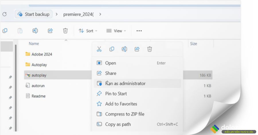 Chạy file setup Premiere 2024 dưới quyền admin