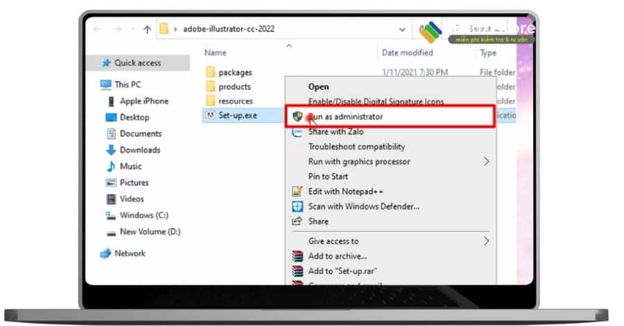 Chạy file setup bằng quyền run as admin.