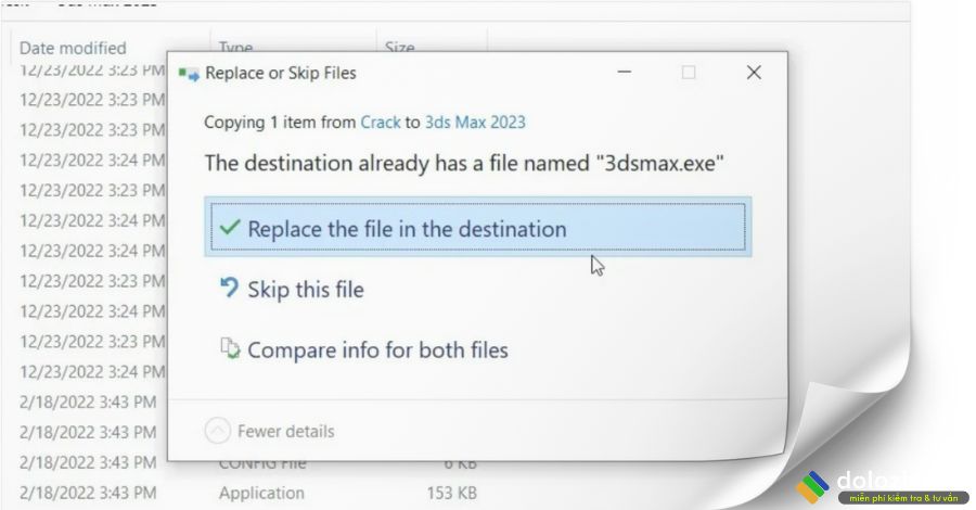 Chọn Replace the file in the destination