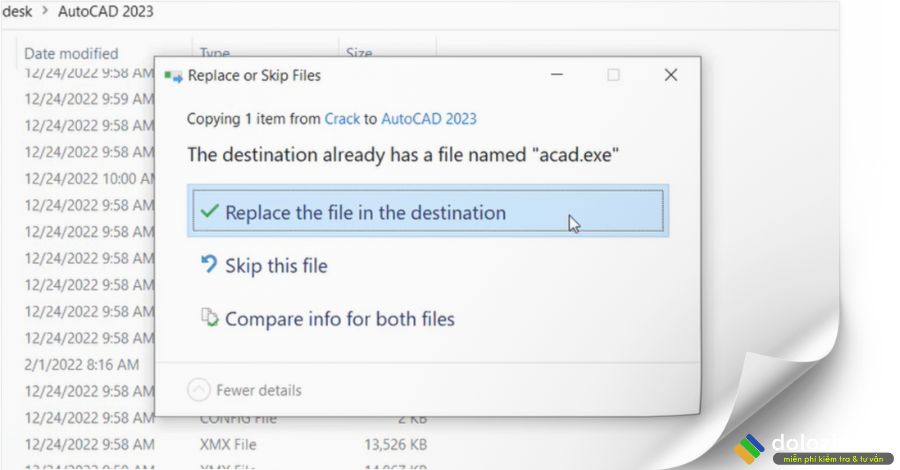 Chọn Replace the file