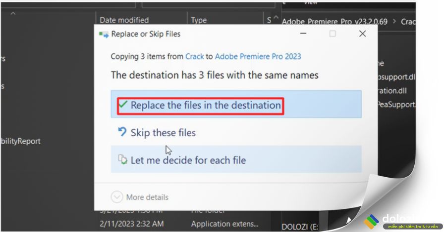 Chọn Replace the files