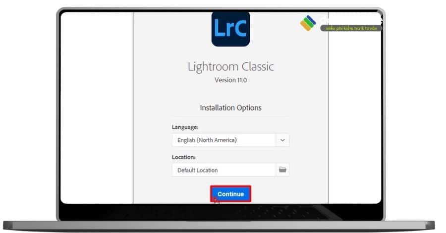 Chọn continue để cài adobe lightroom 2022.