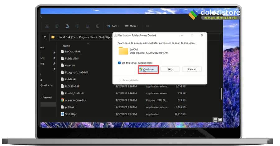 Chọn continue để tiếp tục cài đặt sketchup 2022.