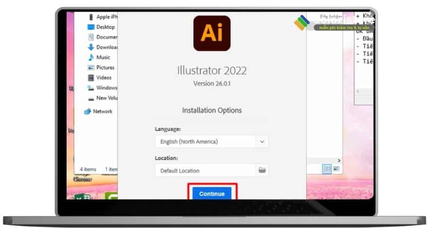 Chọn continue và đợi adobe illustrator 2022 cài vào máy.