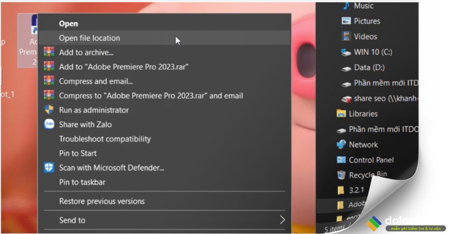 Chuột phải Adobe Premiere 2023 chọn Open file location