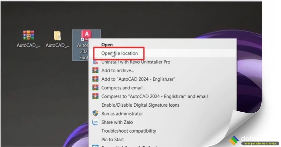 Chuột phải ứng dụng Autodesk autocad 2024 sau đó chọn Open file location