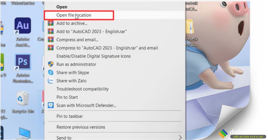 Chuột phải vào ứng dụng AutoDesk Auocad 2023 chọn Open file Location