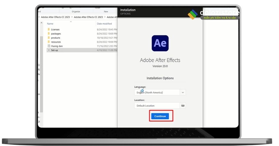 Tiến hành chọn continue tiếp tục cài đặt after effects 2023