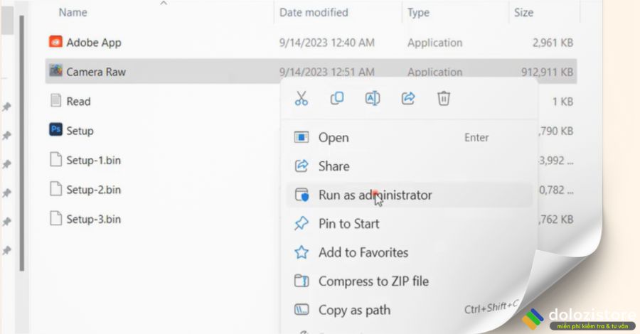 Vào lại foder vừa giải nén chạy File Camera Raw dưới quyền admin