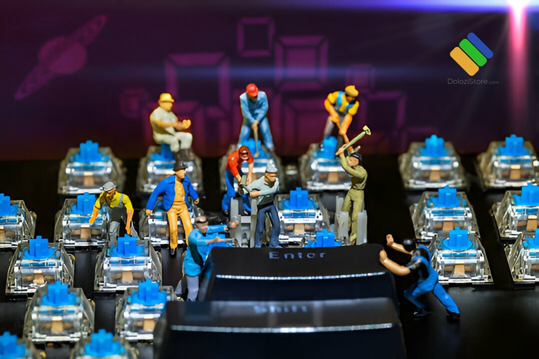 Kỹ thuật viên kiểm tra sơ đồ ma trận hàng và cột trên bảng mạch PCB bàn phím cơ để tìm điểm đứt mạch