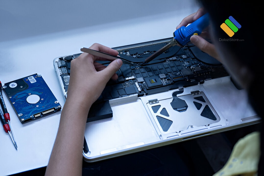 Kỹ thuật viên kiểm tra tình trạng bung vỏ do gãy chân ốc bản lề laptop