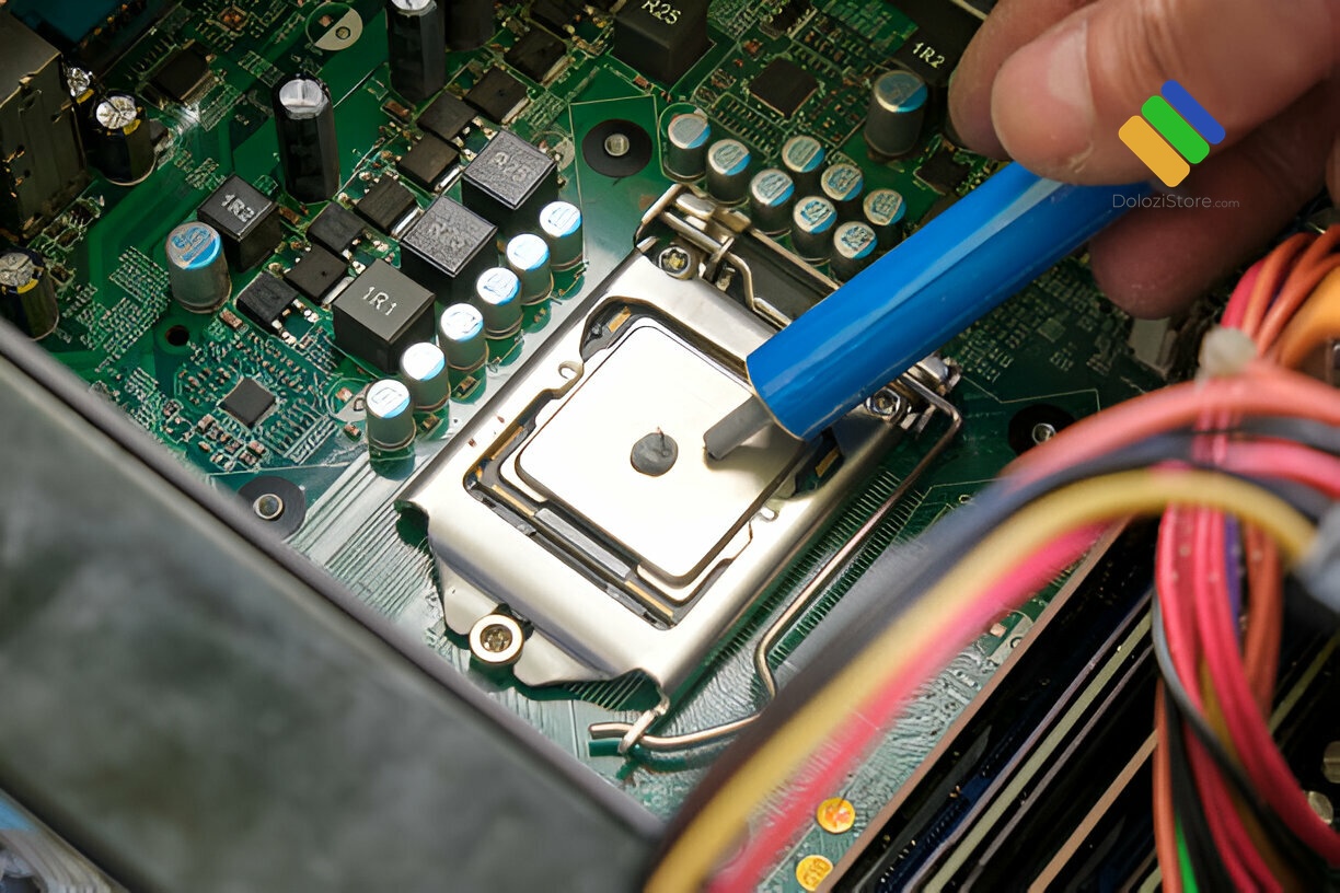 Kỹ thuật viên đang vệ sinh bụi bẩn tích tụ lâu ngày trong quạt tản nhiệt laptop